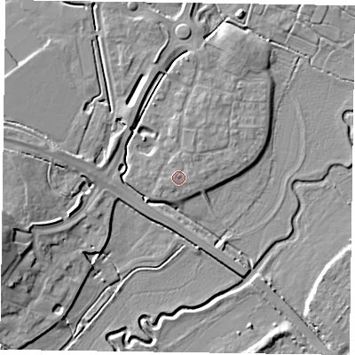 Shaded relief map of the ground around HP180ZG, computed from Environment Agency LiDAR. The ground here sits at about 74 m above sea level and falls 10 m across the surrounding 800 m. Surface water reaching this point runs off ground lying to the north-north-east, 0.9 m higher.