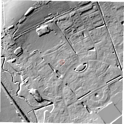 Shaded relief map of the ground around HP180ZN, computed from Environment Agency LiDAR. The ground here sits at about 74 m above sea level and falls 14 m across the surrounding 800 m. Surface water reaching this point runs off ground lying to the south-west, 3.0 m higher.