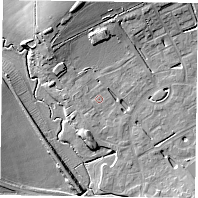 Shaded relief map of the ground around HP181AJ, computed from Environment Agency LiDAR. The ground here sits at about 74 m above sea level and falls 14 m across the surrounding 800 m. Surface water reaching this point runs off ground lying to the south, 3.0 m higher.