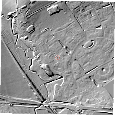 Shaded relief map of the ground around HP181AP, computed from Environment Agency LiDAR. The ground here sits at about 74 m above sea level and falls 12 m across the surrounding 800 m. Surface water reaching this point runs off ground lying to the west-south-west, 3.0 m higher.