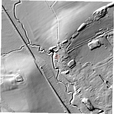 Shaded relief map of the ground around HP181AT, computed from Environment Agency LiDAR. The ground here sits at about 74 m above sea level and falls 17 m across the surrounding 800 m. Surface water reaching this point runs off ground lying to the north-east, 7.5 m higher.