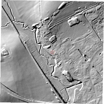 Shaded relief map of the ground around HP181AZ, computed from Environment Agency LiDAR. The ground here sits at about 74 m above sea level and falls 14 m across the surrounding 800 m. Surface water reaching this point runs off ground lying to the north, 5.4 m higher.