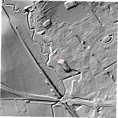 Shaded relief map of the ground around HP181BA, computed from Environment Agency LiDAR. The ground here sits at about 74 m above sea level and falls 12 m across the surrounding 800 m. Surface water reaching this point runs off ground lying to the south-east, 3.4 m higher.