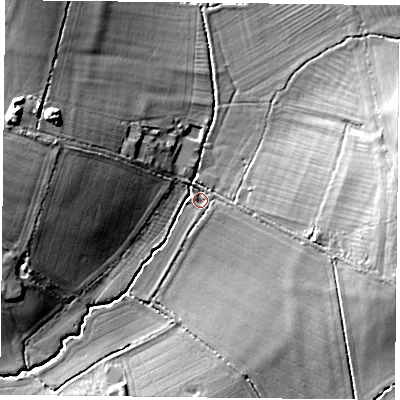 Shaded relief map of the ground around HP189EW, computed from Environment Agency LiDAR. The ground here sits at about 66 m above sea level and falls 17 m across the surrounding 800 m. Surface water reaching this point runs off ground lying to the west-north-west, 14.4 m higher.