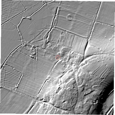 Shaded relief map of the ground around HP189HF, computed from Environment Agency LiDAR. The ground here sits at about 61 m above sea level and falls 13 m across the surrounding 800 m. Surface water reaching this point runs off ground lying to the east, 11.6 m higher.