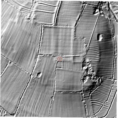 Shaded relief map of the ground around HP189HJ, computed from Environment Agency LiDAR. The ground here sits at about 68 m above sea level and falls 11 m across the surrounding 800 m. Surface water reaching this point runs off ground lying to the north-north-east, 2.0 m higher.