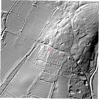 Shaded relief map of the ground around HP189HN, computed from Environment Agency LiDAR. The ground here sits at about 68 m above sea level and falls 13 m across the surrounding 800 m. Surface water reaching this point runs off ground lying to the east, 3.8 m higher.