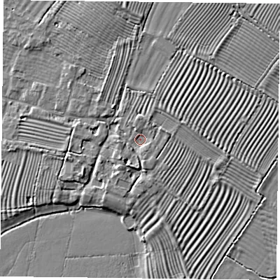 Shaded relief map of the ground around HP189HR, computed from Environment Agency LiDAR. The ground here sits at about 60 m above sea level and falls 4 m across the surrounding 800 m. Surface water reaching this point runs off ground lying to the south-south-west, 2.0 m higher.