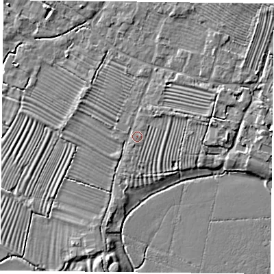 Shaded relief map of the ground around HP189HU, computed from Environment Agency LiDAR. The ground here sits at about 59 m above sea level and falls 5 m across the surrounding 800 m. The ground contributing surface water to this point lies to the east.