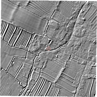 Shaded relief map of the ground around HP189HZ, computed from Environment Agency LiDAR. The ground here sits at about 58 m above sea level and falls 4 m across the surrounding 800 m. Surface water reaching this point runs off ground lying to the north-east, 3.9 m higher.