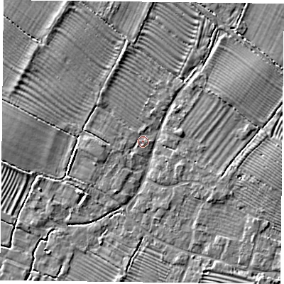 Shaded relief map of the ground around HP189JB, computed from Environment Agency LiDAR. The ground here sits at about 59 m above sea level and falls 4 m across the surrounding 800 m. Surface water reaching this point runs off ground lying to the west, 1.0 m higher.