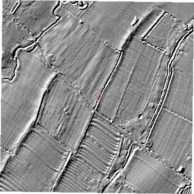 Shaded relief map of the ground around HP189JE, computed from Environment Agency LiDAR. The ground here sits at about 60 m above sea level and falls 3 m across the surrounding 800 m. Surface water reaching this point runs off ground lying to the north-north-east, 2.2 m higher.