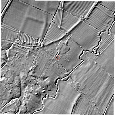 Shaded relief map of the ground around HP189LA, computed from Environment Agency LiDAR. The ground here sits at about 61 m above sea level and falls 7 m across the surrounding 800 m. Surface water reaching this point runs off ground lying to the north-north-east, 0.9 m higher.