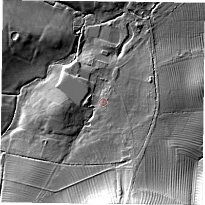 Shaded relief map of the ground around HP189NF, computed from Environment Agency LiDAR. The ground here sits at about 83 m above sea level and falls 26 m across the surrounding 800 m. Surface water reaching this point runs off ground lying to the south-south-east, 17.9 m higher.