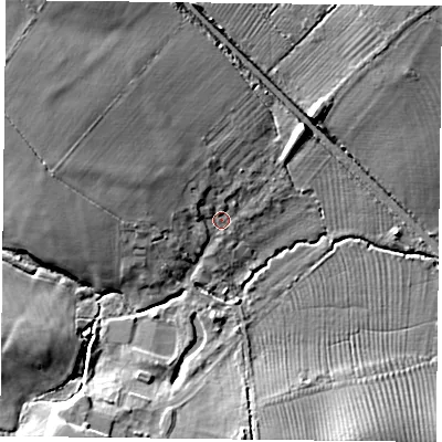 Shaded relief map of the ground around HP189NH, computed from Environment Agency LiDAR. The ground here sits at about 78 m above sea level and falls 14 m across the surrounding 800 m. Surface water reaching this point runs off ground lying to the north-west, 7.5 m higher.