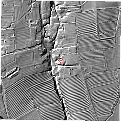 Shaded relief map of the ground around HP189NT, computed from Environment Agency LiDAR. The ground here sits at about 75 m above sea level and falls 14 m across the surrounding 800 m. Surface water reaching this point runs off ground lying to the east, 5.5 m higher.