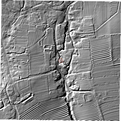 Shaded relief map of the ground around HP189NY, computed from Environment Agency LiDAR. The ground here sits at about 71 m above sea level and falls 13 m across the surrounding 800 m. Surface water reaching this point runs off ground lying to the south-west, 10.6 m higher.