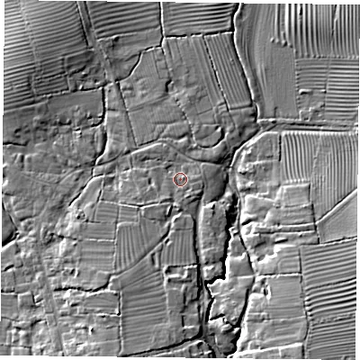Shaded relief map of the ground around HP189NZ, computed from Environment Agency LiDAR. The ground here sits at about 71 m above sea level and falls 11 m across the surrounding 800 m. Surface water reaching this point runs off ground lying to the south-south-west, 6.4 m higher.