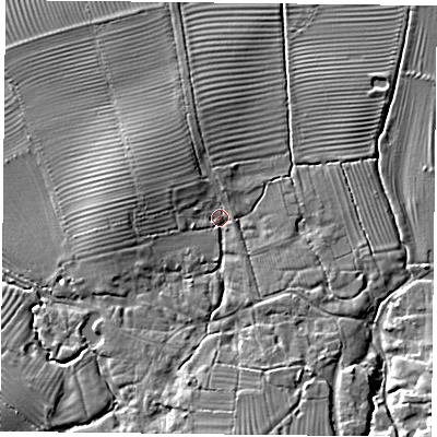Shaded relief map of the ground around HP189PA, computed from Environment Agency LiDAR. The ground here sits at about 68 m above sea level and falls 8 m across the surrounding 800 m. Surface water reaching this point runs off ground lying to the south, 5.6 m higher.
