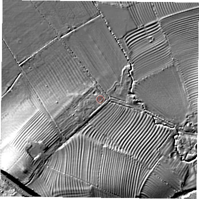 Shaded relief map of the ground around HP189PJ, computed from Environment Agency LiDAR. The ground here sits at about 68 m above sea level and falls 15 m across the surrounding 800 m. Surface water reaching this point runs off ground lying to the south-west, 2.1 m higher.