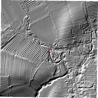 Shaded relief map of the ground around HP189PQ, computed from Environment Agency LiDAR. The ground here sits at about 68 m above sea level and falls 13 m across the surrounding 800 m. Surface water reaching this point runs off ground lying to the south-west, 11.3 m higher.