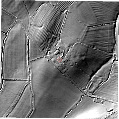 Shaded relief map of the ground around HP189SF, computed from Environment Agency LiDAR. The ground here sits at about 80 m above sea level and falls 14 m across the surrounding 800 m. Surface water reaching this point runs off ground lying to the north-east, 2.1 m higher.