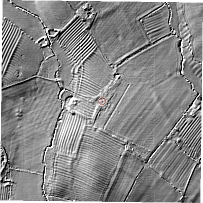 Shaded relief map of the ground around HP189UL, computed from Environment Agency LiDAR. The ground here sits at about 73 m above sea level and falls 8 m across the surrounding 800 m. Surface water reaching this point runs off ground lying to the north-north-east, 0.5 m higher.
