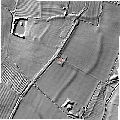 Shaded relief map of the ground around HP189UN, computed from Environment Agency LiDAR. The ground here sits at about 68 m above sea level and falls 13 m across the surrounding 800 m. Surface water reaching this point runs off ground lying to the north-north-west, 1.3 m higher.