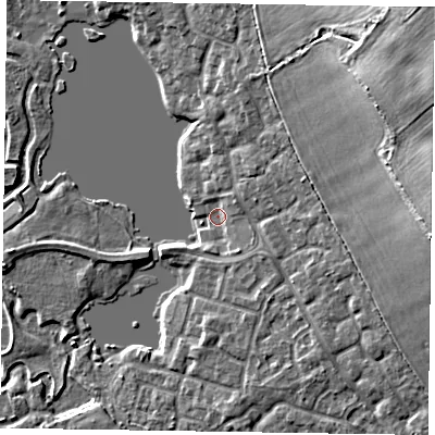 Shaded relief map of the ground around HP190FX, computed from Environment Agency LiDAR. The ground here sits at about 74 m above sea level and falls 18 m across the surrounding 800 m. Surface water reaching this point runs off ground lying to the east-north-east, 14.8 m higher.