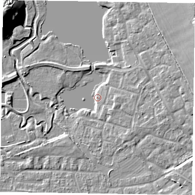 Shaded relief map of the ground around HP190WJ, computed from Environment Agency LiDAR. The ground here sits at about 74 m above sea level and falls 21 m across the surrounding 800 m. Surface water reaching this point runs off ground lying to the south-east, 3.7 m higher.