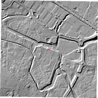 Shaded relief map of the ground around HP197AA, computed from Environment Agency LiDAR. The ground here sits at about 74 m above sea level and falls 11 m across the surrounding 800 m. Surface water reaching this point runs off ground lying to the east-north-east, 9.4 m higher.