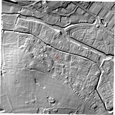 Shaded relief map of the ground around HP197AB, computed from Environment Agency LiDAR. The ground here sits at about 74 m above sea level and falls 14 m across the surrounding 800 m. Surface water reaching this point runs off ground lying to the west-south-west, 7.1 m higher.