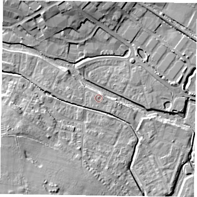 Shaded relief map of the ground around HP197AE, computed from Environment Agency LiDAR. The ground here sits at about 74 m above sea level and falls 13 m across the surrounding 800 m. Surface water reaching this point runs off ground lying to the south-east, 0.8 m higher.