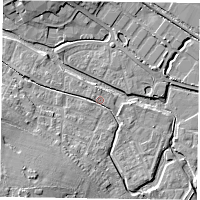 Shaded relief map of the ground around HP197AS, computed from Environment Agency LiDAR. The ground here sits at about 74 m above sea level and falls 14 m across the surrounding 800 m. Surface water reaching this point runs off ground lying to the south-south-west, 8.9 m higher.