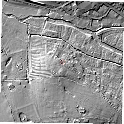 Shaded relief map of the ground around HP197AY, computed from Environment Agency LiDAR. The ground here sits at about 78 m above sea level and falls 15 m across the surrounding 800 m. Surface water reaching this point runs off ground lying to the south-south-west, 4.7 m higher.