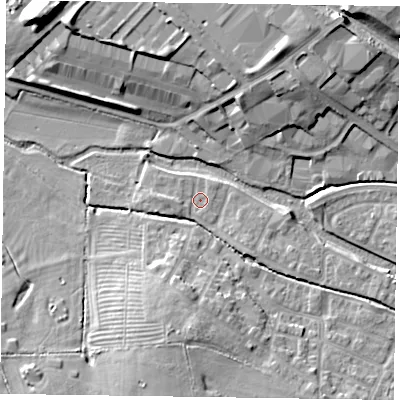 Shaded relief map of the ground around HP197BG, computed from Environment Agency LiDAR. The ground here sits at about 72 m above sea level and falls 16 m across the surrounding 800 m. Surface water reaching this point runs off ground lying to the west, 1.4 m higher.