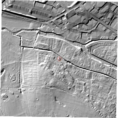 Shaded relief map of the ground around HP197BJ, computed from Environment Agency LiDAR. The ground here sits at about 74 m above sea level and falls 14 m across the surrounding 800 m. Surface water reaching this point runs off ground lying to the south-south-west, 11.2 m higher.