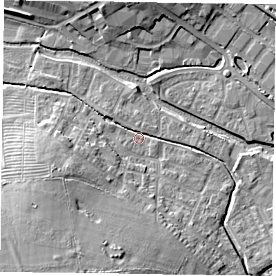 Shaded relief map of the ground around HP197BP, computed from Environment Agency LiDAR. The ground here sits at about 73 m above sea level and falls 13 m across the surrounding 800 m. Surface water reaching this point runs off ground lying to the south-west, 11.7 m higher.