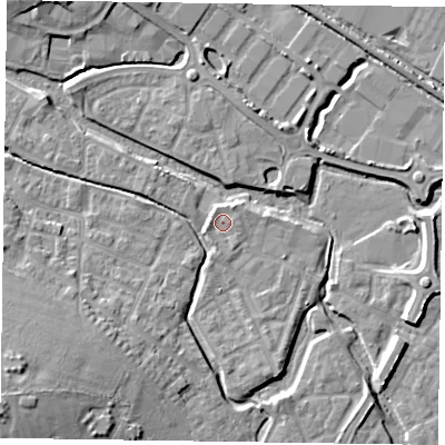 Shaded relief map of the ground around HP197HB, computed from Environment Agency LiDAR. The ground here sits at about 74 m above sea level and falls 13 m across the surrounding 800 m. Surface water reaching this point runs off ground lying to the north-east, 1.5 m higher.