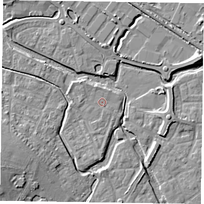 Shaded relief map of the ground around HP197HL, computed from Environment Agency LiDAR. The ground here sits at about 74 m above sea level and falls 10 m across the surrounding 800 m. Surface water reaching this point runs off ground lying to the south, 2.3 m higher.
