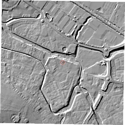 Shaded relief map of the ground around HP197HS, computed from Environment Agency LiDAR. The ground here sits at about 74 m above sea level and falls 11 m across the surrounding 800 m. Surface water reaching this point runs off ground lying to the north, 0.7 m higher.