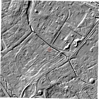 Shaded relief map of the ground around HP197SA, computed from Environment Agency LiDAR. The ground here sits at about 74 m above sea level and falls 6 m across the surrounding 800 m. Surface water reaching this point runs off ground lying to the east-south-east, 2.3 m higher.