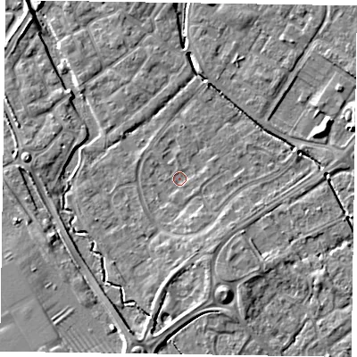 Shaded relief map of the ground around HP197SF, computed from Environment Agency LiDAR. The ground here sits at about 74 m above sea level and falls 6 m across the surrounding 800 m. Surface water reaching this point runs off ground lying to the south-south-west, 3.5 m higher.