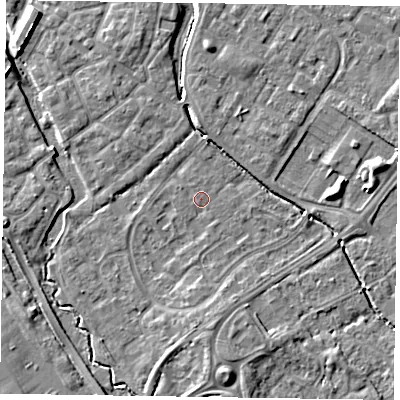 Shaded relief map of the ground around HP197SG, computed from Environment Agency LiDAR. The ground here sits at about 74 m above sea level and falls 6 m across the surrounding 800 m. Surface water reaching this point runs off ground lying to the south, 4.2 m higher.