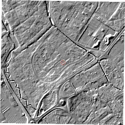 Shaded relief map of the ground around HP197SH, computed from Environment Agency LiDAR. The ground here sits at about 74 m above sea level and falls 6 m across the surrounding 800 m. Surface water reaching this point runs off ground lying to the south, 3.8 m higher.