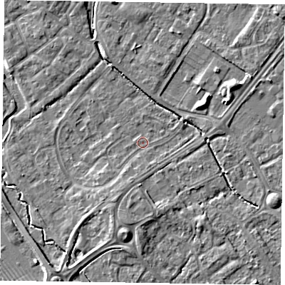 Shaded relief map of the ground around HP197SL, computed from Environment Agency LiDAR. The ground here sits at about 74 m above sea level and falls 6 m across the surrounding 800 m. Surface water reaching this point runs off ground lying to the south, 4.0 m higher.