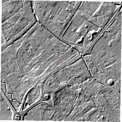 Shaded relief map of the ground around HP197SN, computed from Environment Agency LiDAR. The ground here sits at about 74 m above sea level and falls 6 m across the surrounding 800 m. Surface water reaching this point runs off ground lying to the south-south-west, 1.0 m higher.