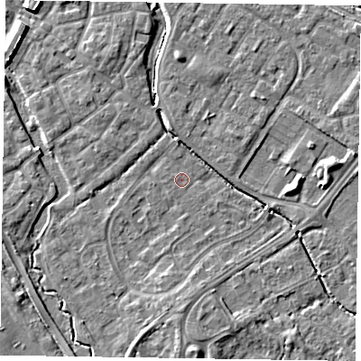 Shaded relief map of the ground around HP197SQ, computed from Environment Agency LiDAR. The ground here sits at about 74 m above sea level and falls 6 m across the surrounding 800 m. Surface water reaching this point runs off ground lying to the south, 4.2 m higher.