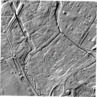 Shaded relief map of the ground around HP197SR, computed from Environment Agency LiDAR. The ground here sits at about 74 m above sea level and falls 6 m across the surrounding 800 m. Surface water reaching this point runs off ground lying to the south-south-east, 4.2 m higher.