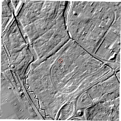 Shaded relief map of the ground around HP197SS, computed from Environment Agency LiDAR. The ground here sits at about 74 m above sea level and falls 6 m across the surrounding 800 m. Surface water reaching this point runs off ground lying to the south-south-west, 0.8 m higher.